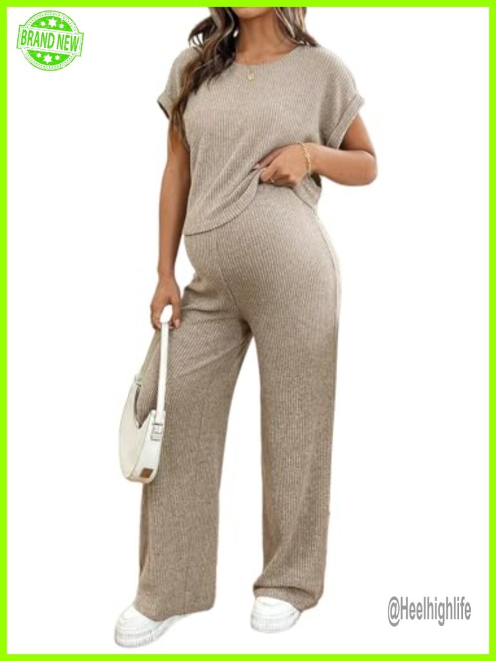 Ribbed Knit Maternity Pajama Set Short Sleeve Top & Pants